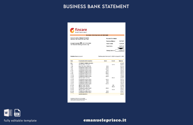 stile verificato Modello di estratto conto bancario del conto aziendale Fincare 